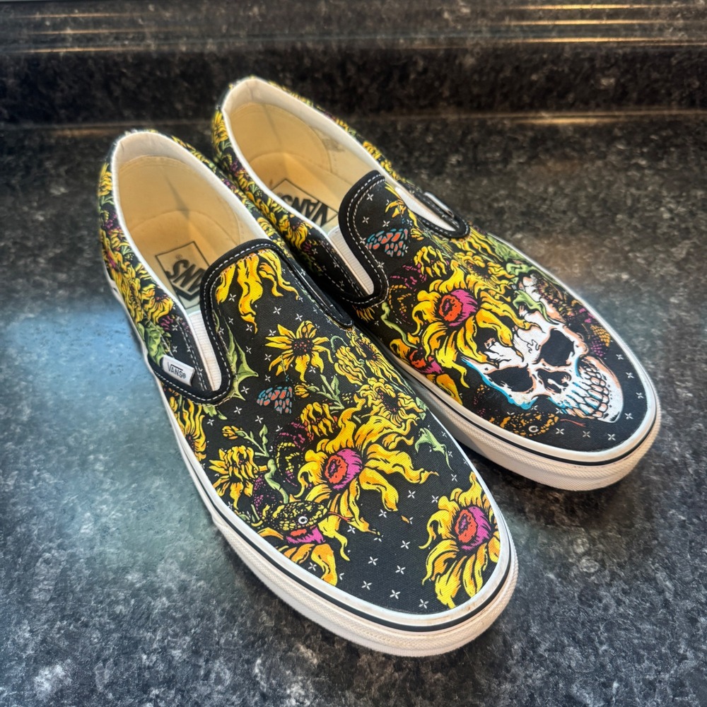 Vans Classic Slip-On Beauty Skull Sunflower Black Canvas Sneakers Mens 11.5 W 13